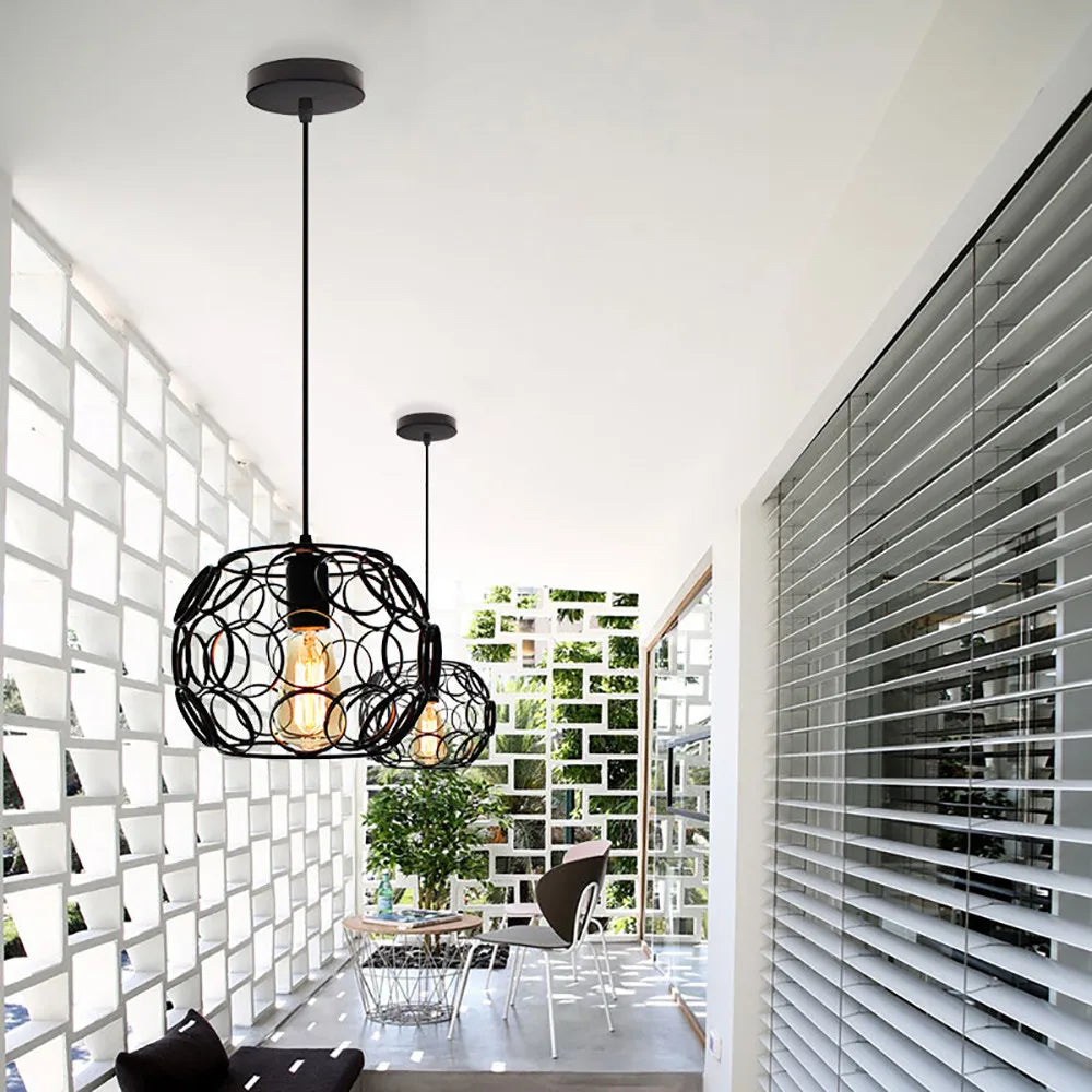 Industrial Iron Pendant Lights Modern Metal Cage E27 LED Hanging Lamp for Home & Restaurant