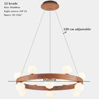 Round Glass Walnut Chandelier - Solid Wood Pendant Light for Living, Dining, Bedroom