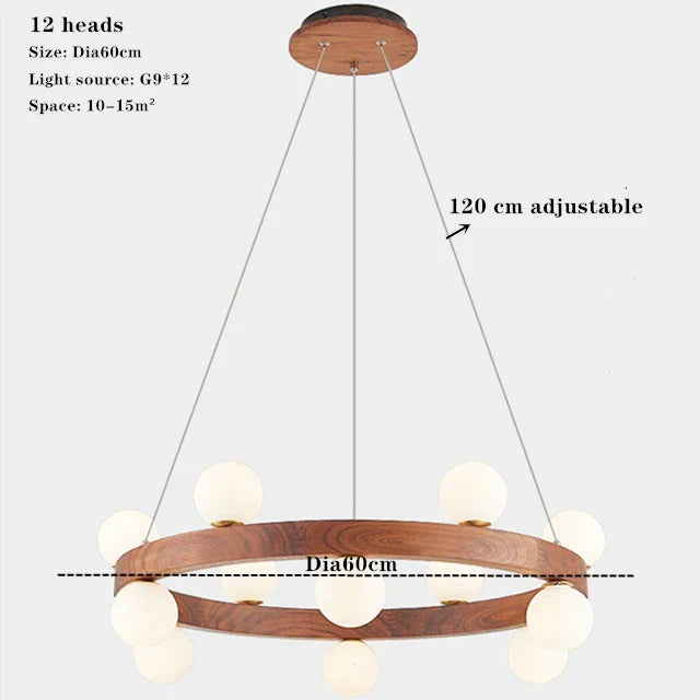 Round Glass Walnut Chandelier - Solid Wood Pendant Light for Living, Dining, Bedroom