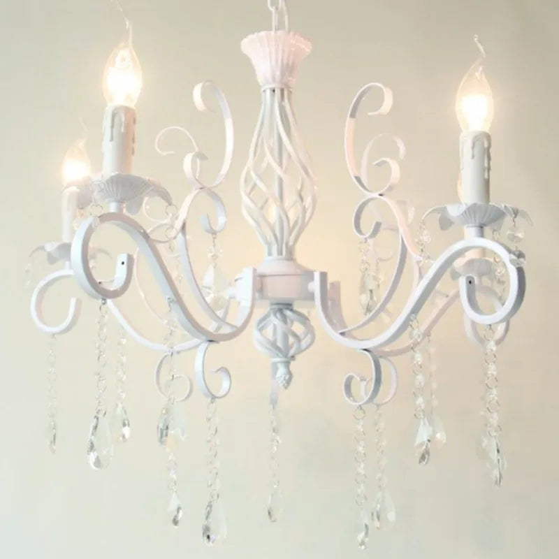 Vintage Wrought Iron Crystal Chandelier White Ceiling Lamp with E14 Candle Lights