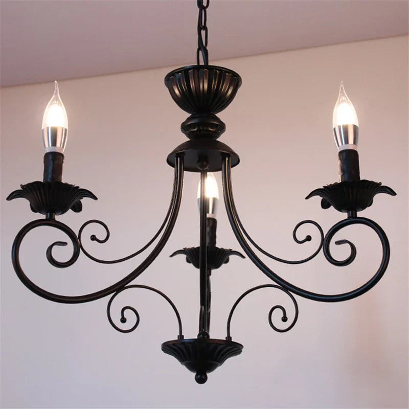 Retro Beige Black Chandelier - American Candle Lamp Iron Suspension Fixtures