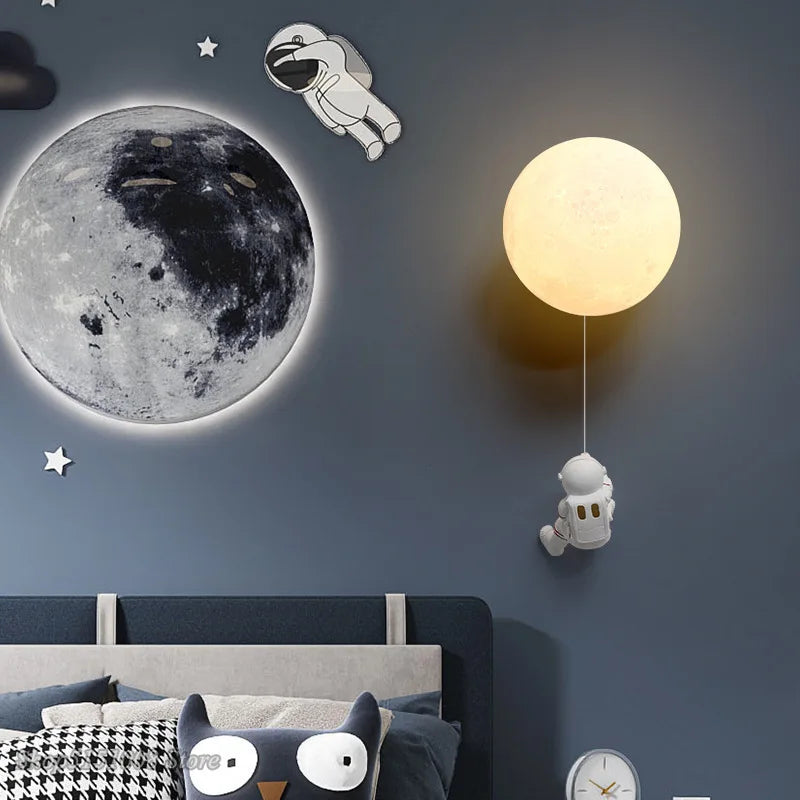 Astronaut Moon Wall Lamp: Creative 3D Printing Light for Kids' Bedroom.