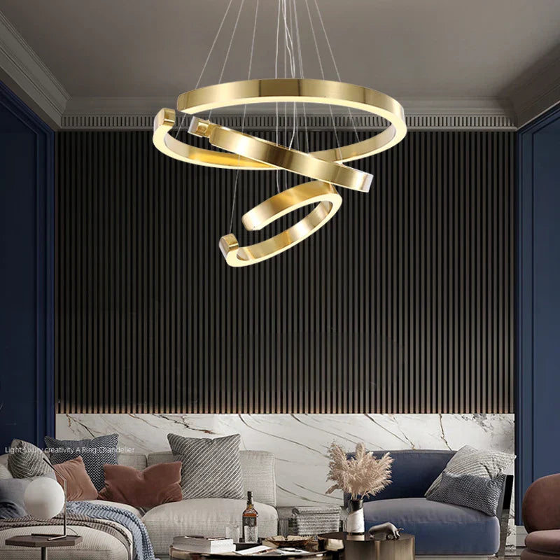 LED Chandelier: Round Rings Pattern, Gold, Modern Design for Living, Dining, Bedroom, Kitchen.