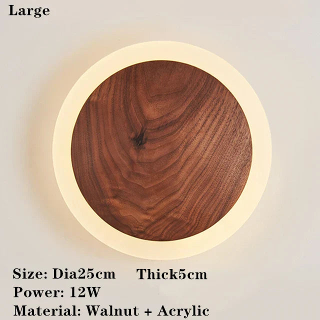 Walnut Round Solid Wood LED Wall Light for Bedroom Living Room Kitchen