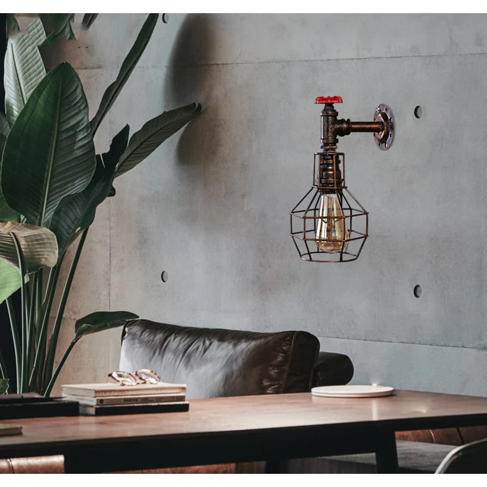 Vintage Industrial Iron Rust Wall Lamp Retro Cage Sconce for Living Room