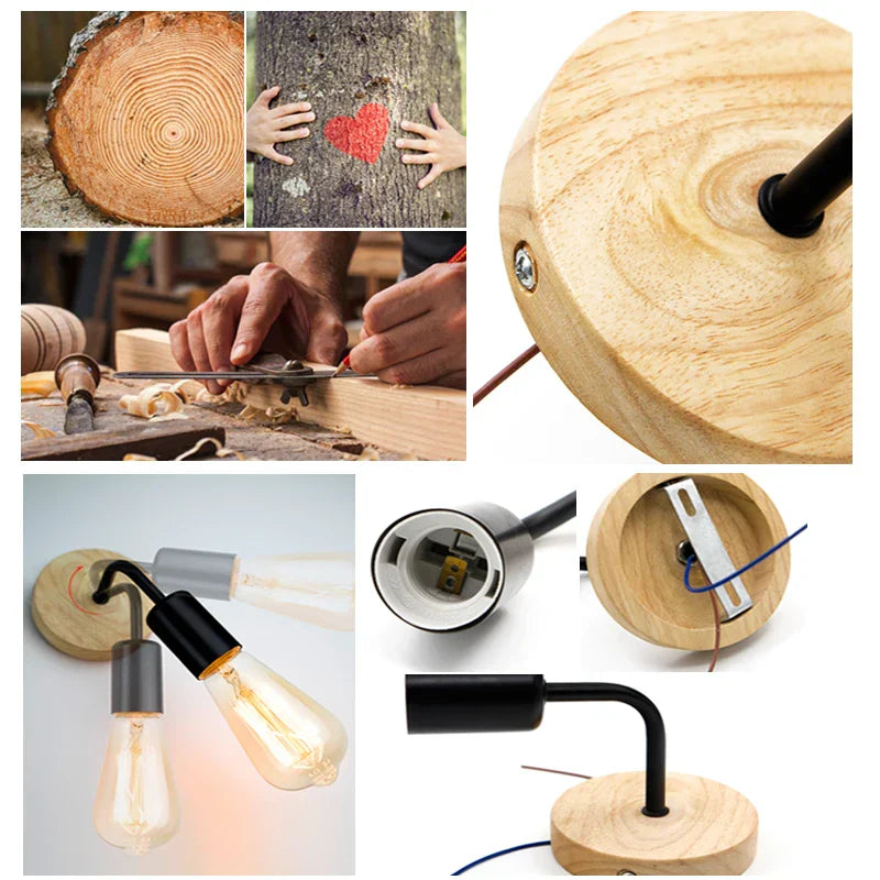Vintage Wood Wall Lamp E27 Retro Industrial Light Fixture for Loft Living Room