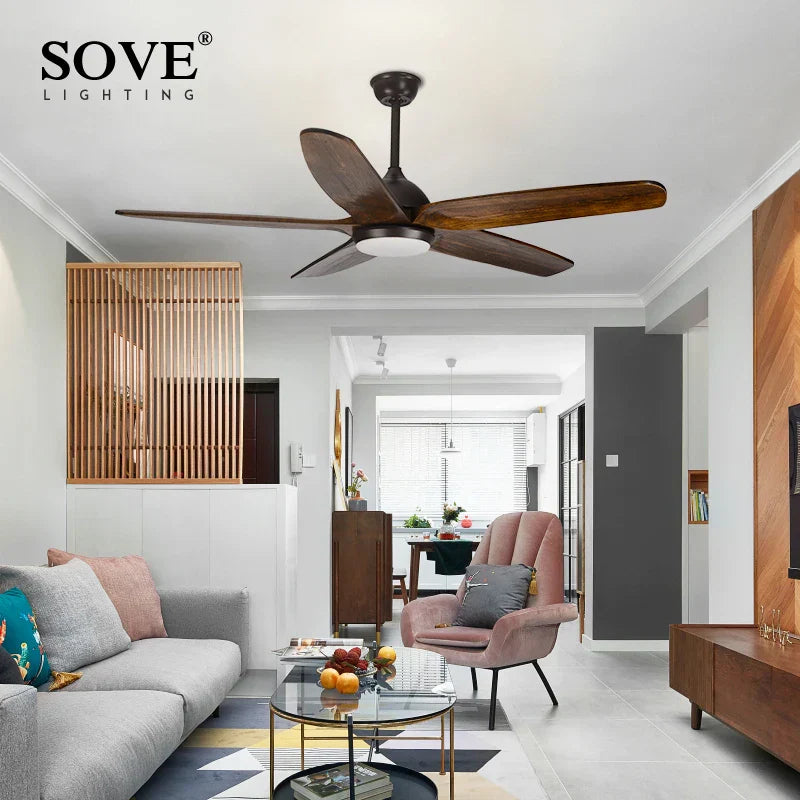 60" Solid Wood Blade Ceiling Fan Light LED Remote Control 220v