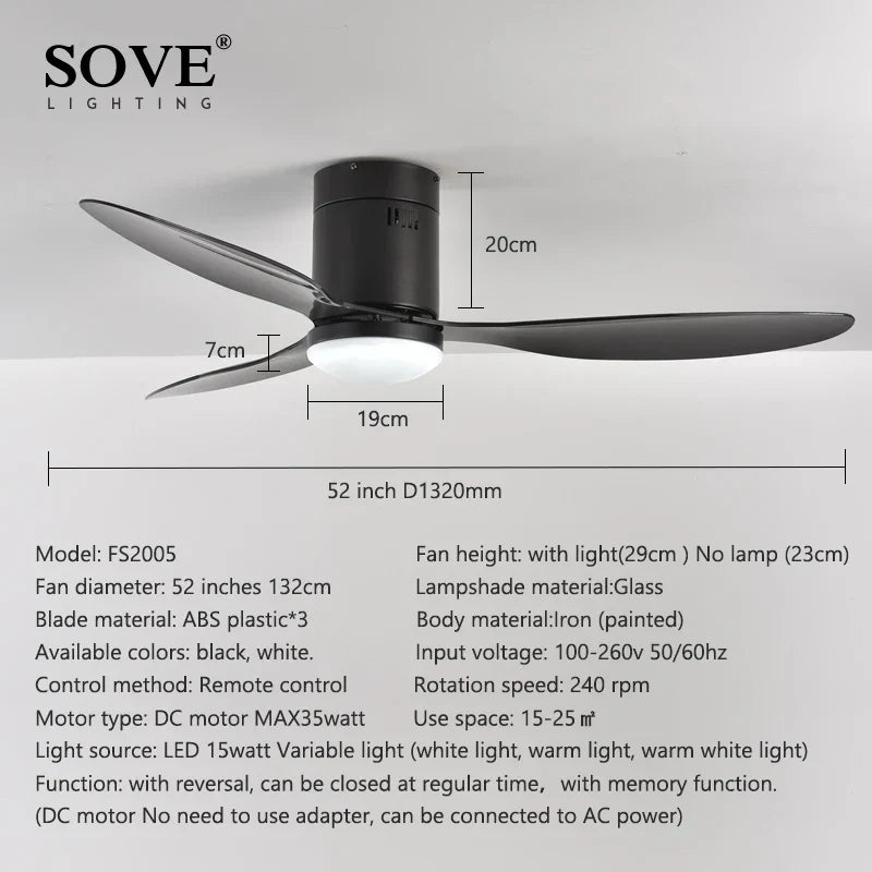 Modern Low Floor LED Ceiling Fan, DC Remote Control Ventilador De Techo