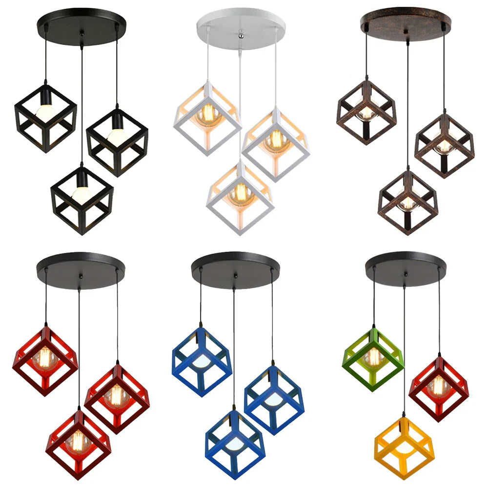 Geometric Cube Pendant Lights Trio Metal Shades Square Ceiling Lamps