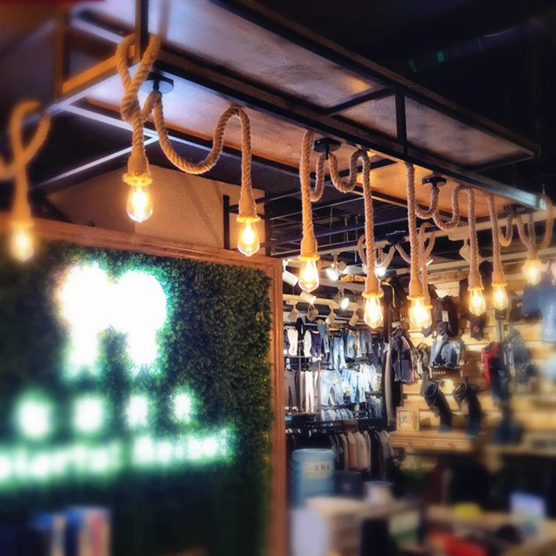 Retro Hemp Rope Pendant Light, Vintage E27 LED Bulb, Industrial Hanging Lamp