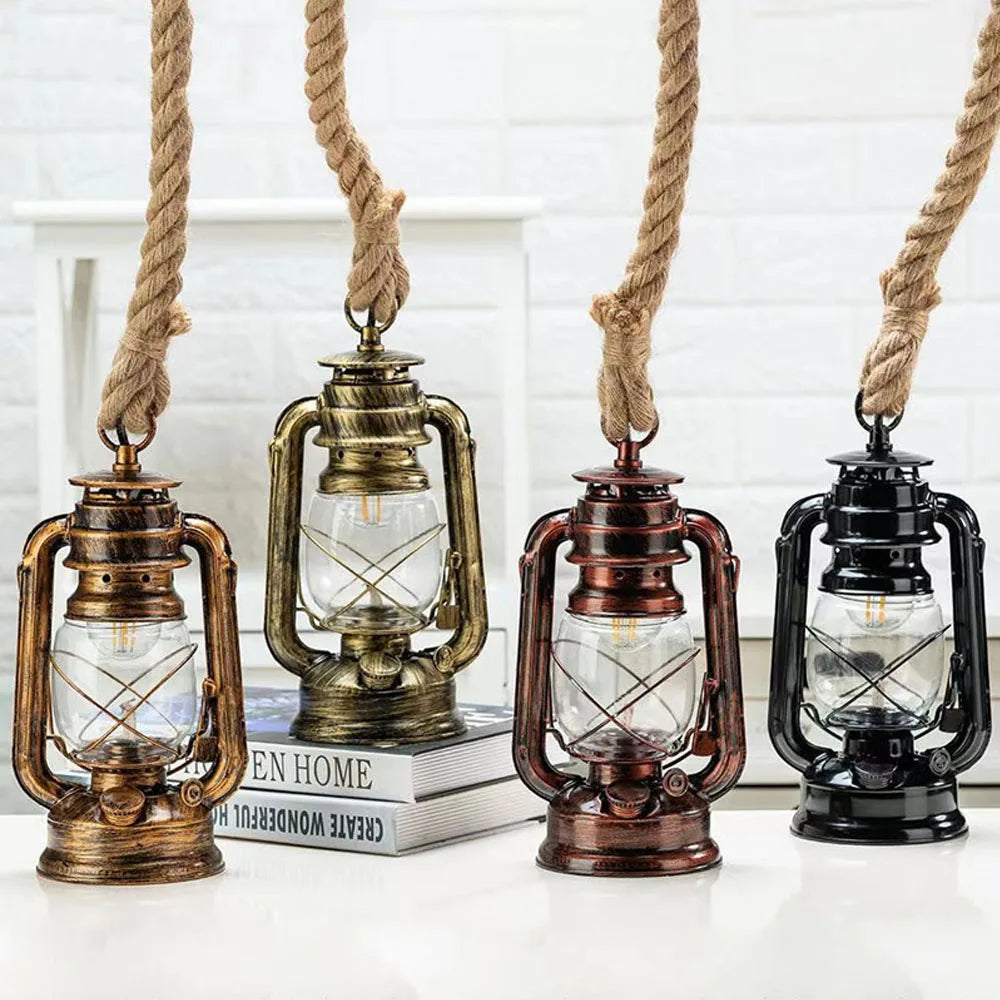Retro Industrial Hemp Rope Kerosene Pendant Chandelier LED Ceiling Lamp