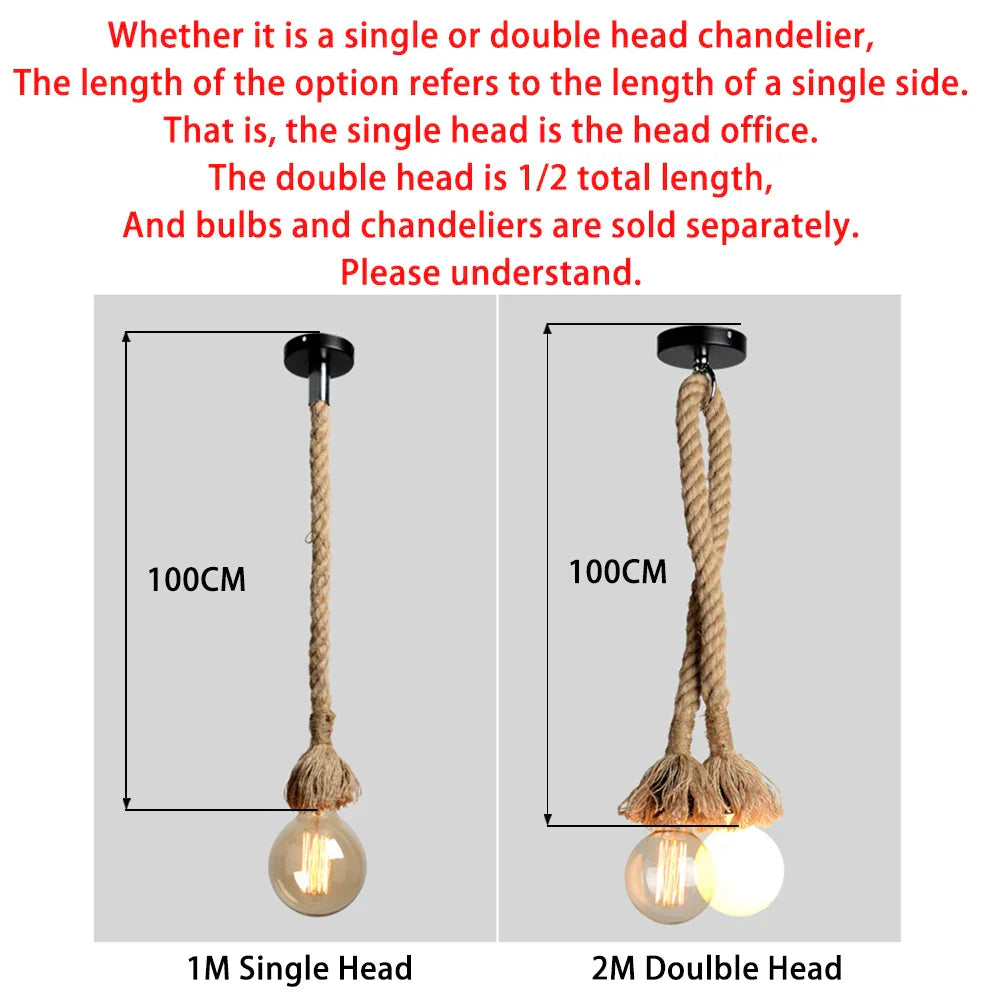 Retro Hemp Rope Pendant Light, Vintage E27 LED Bulb, Industrial Hanging Lamp