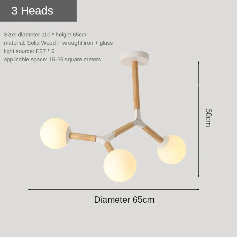 Nordic Wood Iron Glass Ball Chandelier LED Light Luxury Living Bedroom Restaurant Bar