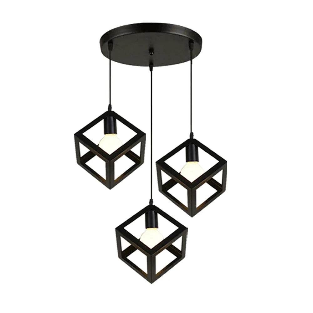 Geometric Cube Pendant Lights Trio Metal Shades Square Ceiling Lamps