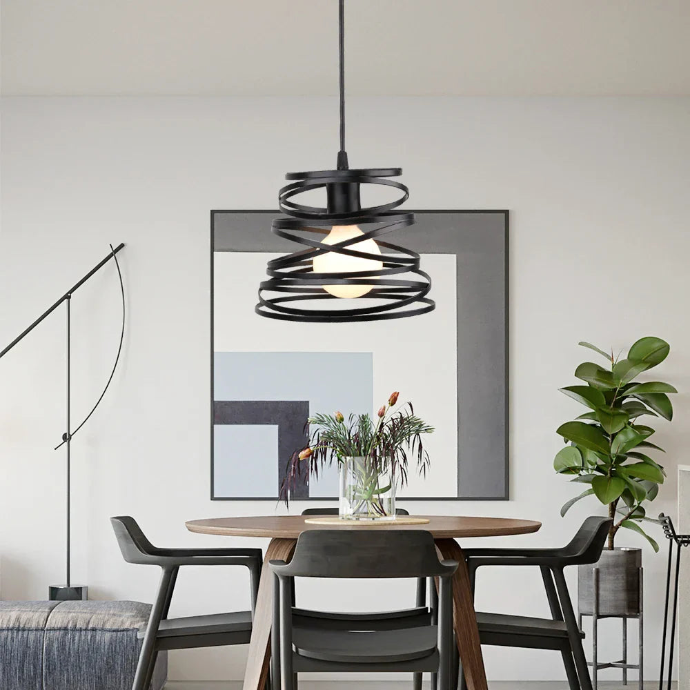 Swirl Spiral Pendant Light Black Iron Retro Loft Industrial Metal Cage Hanging Lamp
