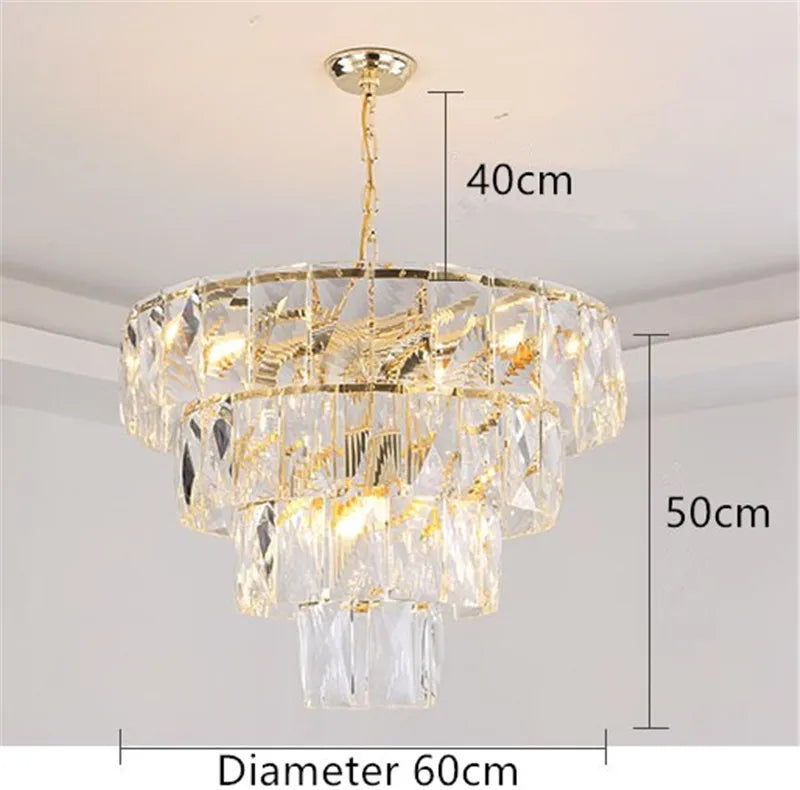 Gold Steel Crystal LED Pendant Light Fixture Luxe Round Hanging Lamp