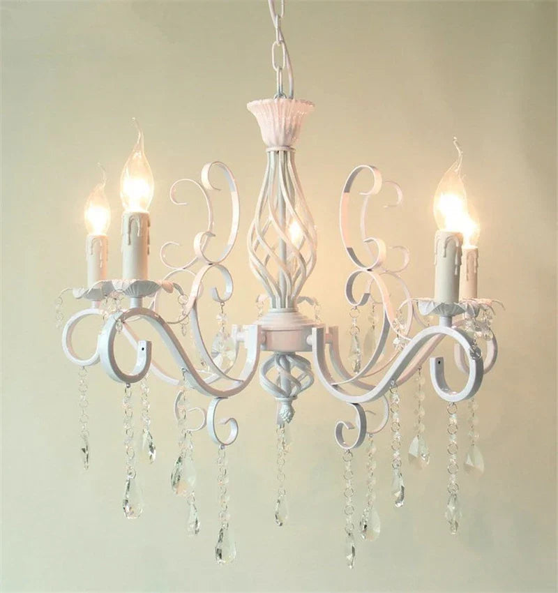Vintage Wrought Iron Crystal Chandelier White Ceiling Lamp with E14 Candle Lights
