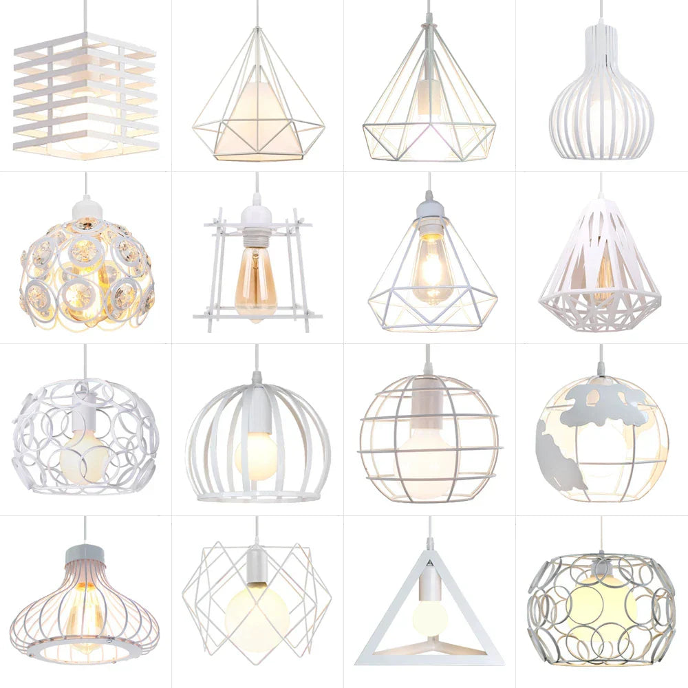 White Cage Industrial Pendant Light Fixture - Modern Loft Hanging Lamp