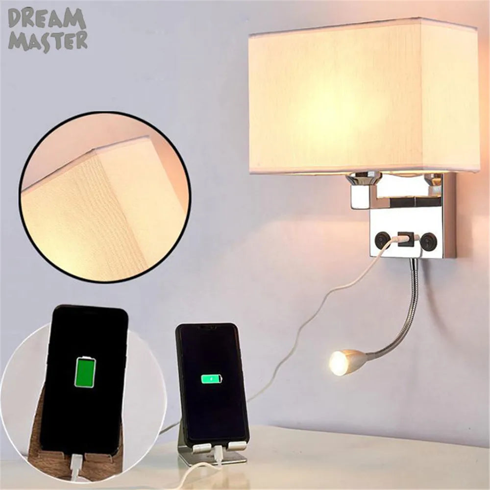 Fabric Shade Wall Light with LED Reading Lamp and Dual Switches