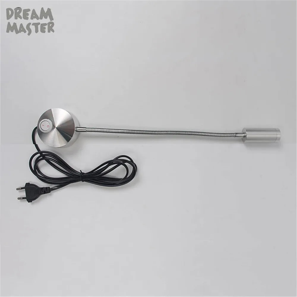 Silver Flexible Hose LED Wall Lamp 3W Bedside Reading Light with Switch