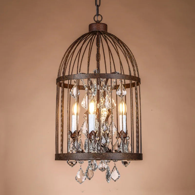 Retro Vintage Crystal Chandelier Wrought Iron Cage Lighting E14 220V Lamp