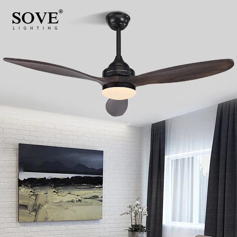 Vintage Wood Ceiling Fan with Remote Control, Retro Design, Black Finish