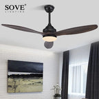 Vintage Wood Ceiling Fan with Remote Control, Retro Design, Black Finish