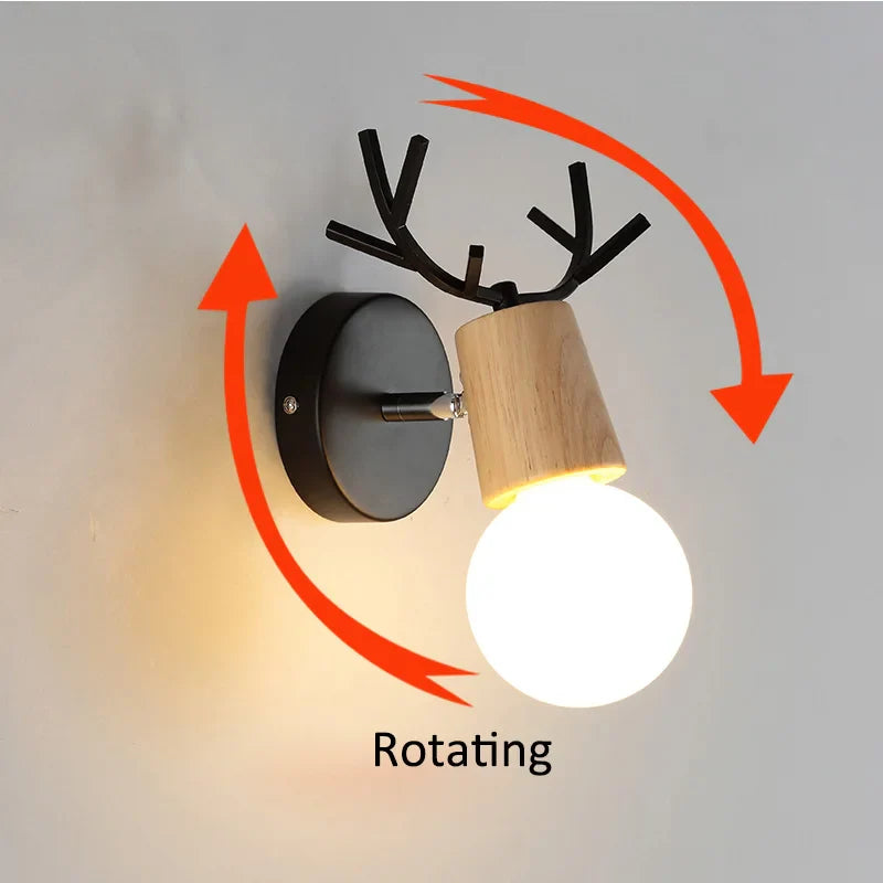 Modern Deer Antlers LED Wall Light Black White Solid Wood Novelty Animal Wall Lamp