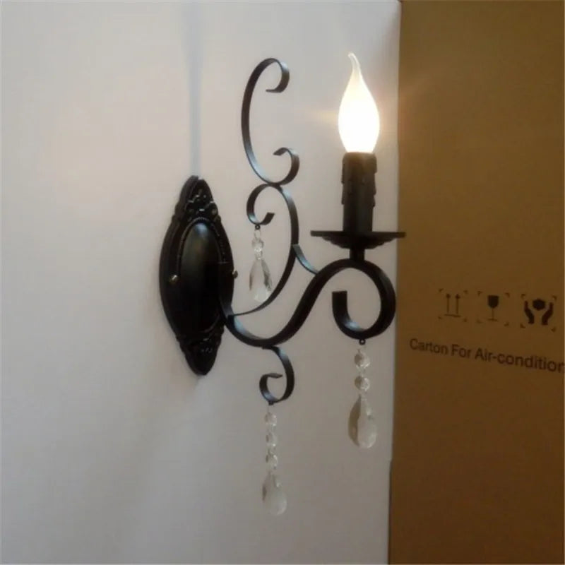 Black Wrought Iron Crystal Candle Wall Lamp