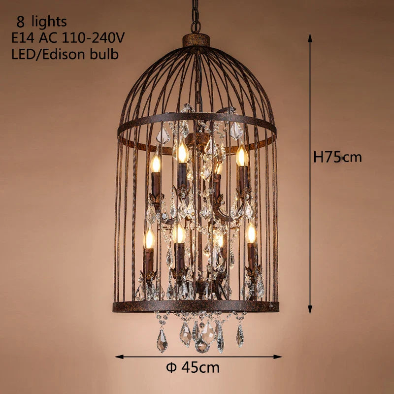 Retro Vintage Crystal Chandelier Wrought Iron Cage Lighting E14 220V Lamp