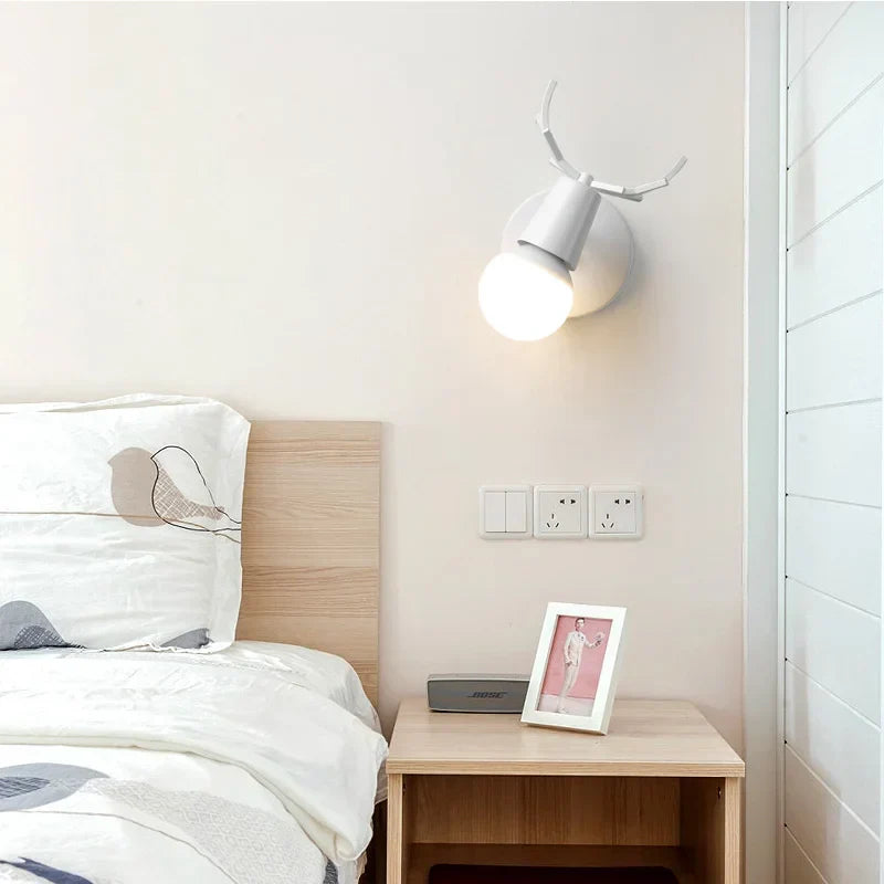 Modern Deer Antlers LED Wall Light Black White Solid Wood Novelty Animal Wall Lamp