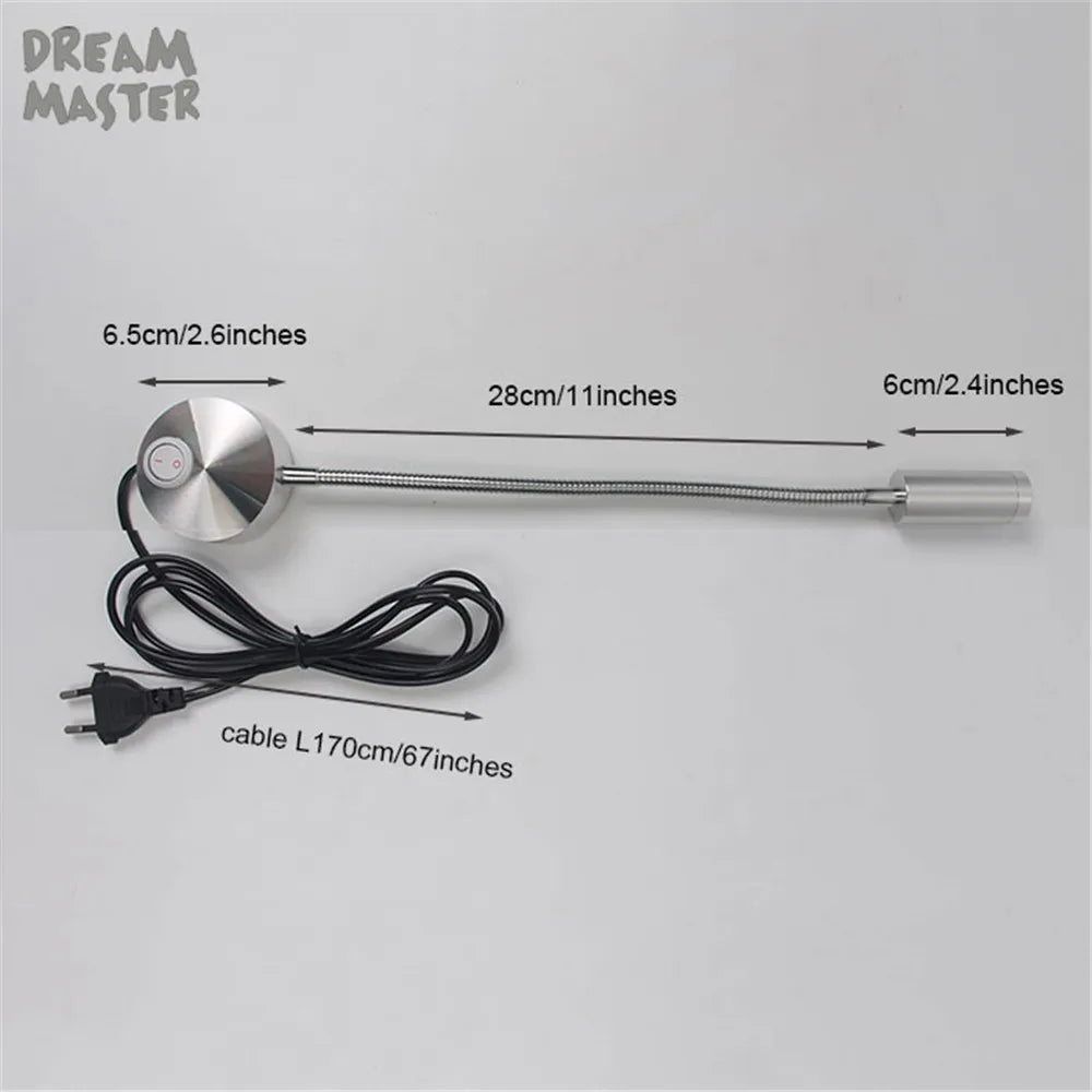 Silver Flexible Hose LED Wall Lamp 3W Bedside Reading Light with Switch