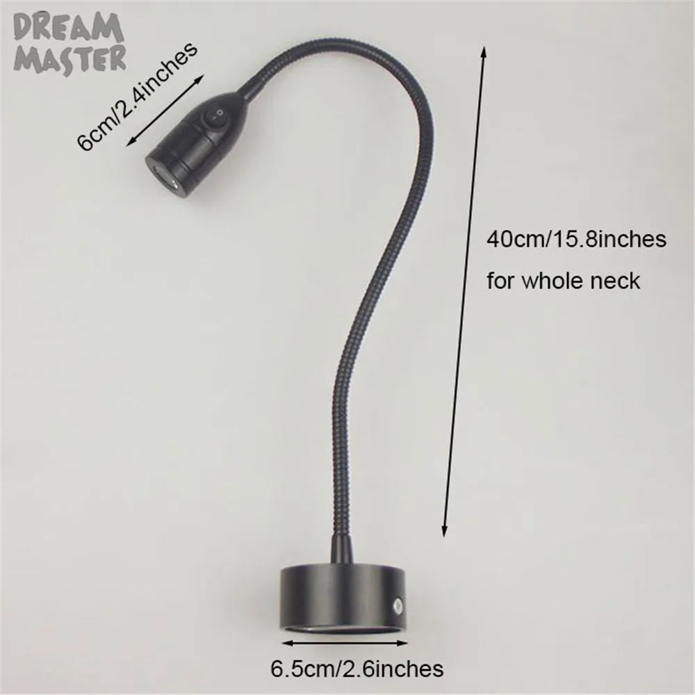 LED Wall Lamp 3W Adjustable Reading Light Bedside Mirror Long Gooseneck