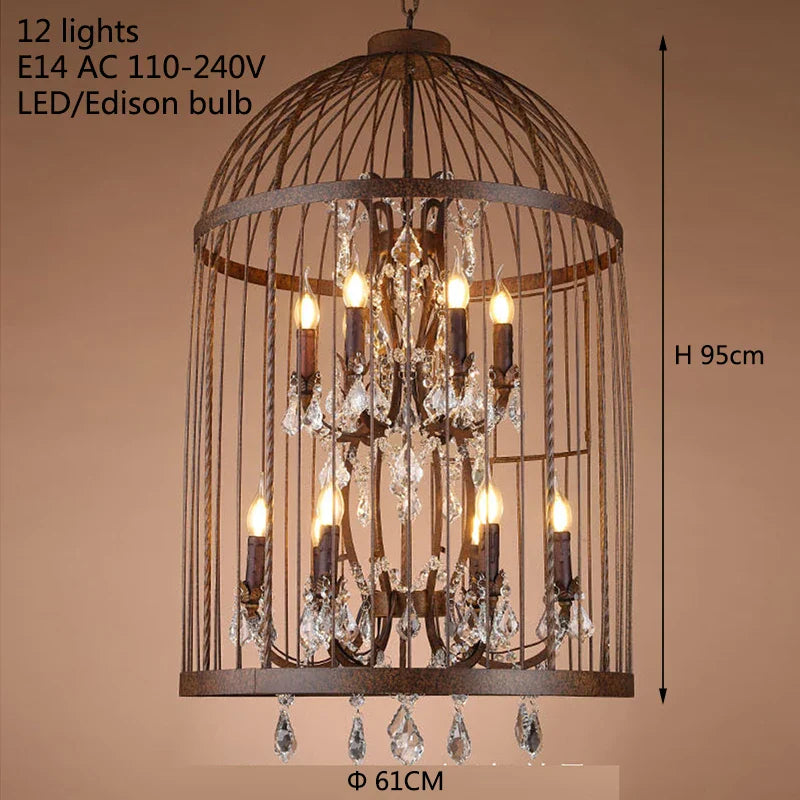 Retro Vintage Crystal Chandelier Wrought Iron Cage Lighting E14 220V Lamp
