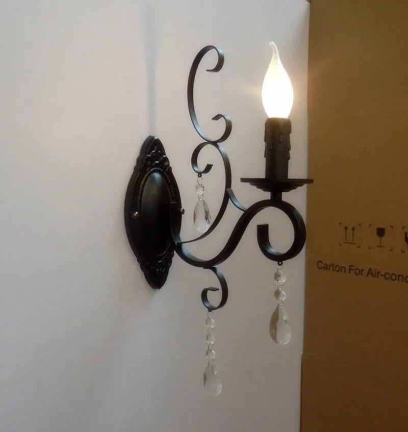 Black Wrought Iron Crystal Candle Wall Lamp