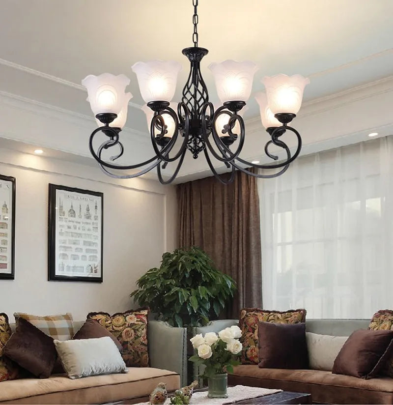 Traditional Metal Body Glass Chandelier, E27 LED Bulb, European Style Lighting Fixture