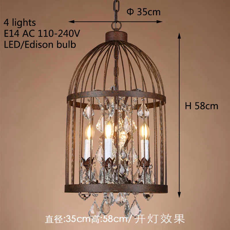 Retro Vintage Crystal Chandelier Wrought Iron Cage Lighting E14 220V Lamp
