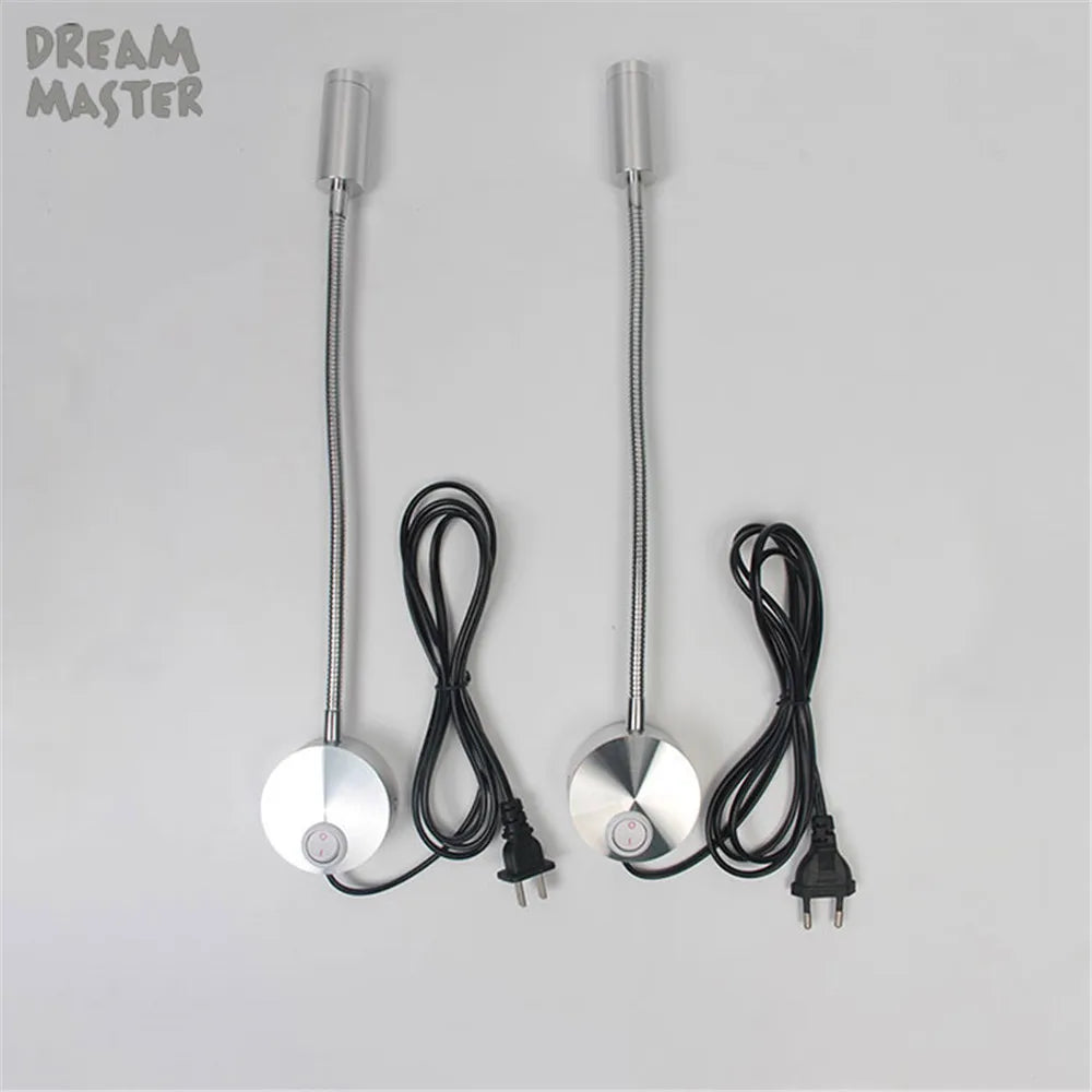 Silver Flexible Hose LED Wall Lamp 3W Bedside Reading Light with Switch
