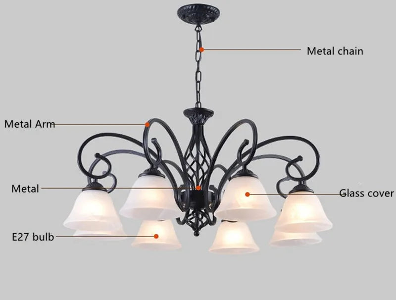 Metal Body Glass Chandelier: European Traditional Decor Lighting, E27 Led Ceiling Lamp