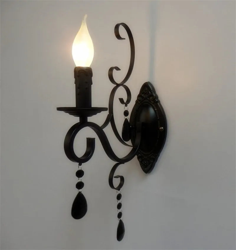 Black Wrought Iron Crystal Candle Wall Lamp
