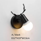 Modern Deer Antlers LED Wall Light Black White Solid Wood Novelty Animal Wall Lamp