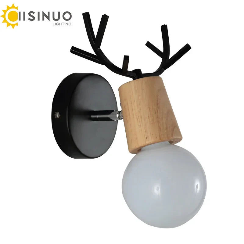 Modern Deer Antlers LED Wall Light Black White Solid Wood Novelty Animal Wall Lamp