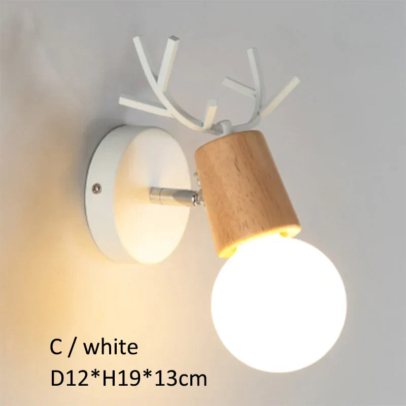 Modern Deer Antlers LED Wall Light Black White Solid Wood Novelty Animal Wall Lamp