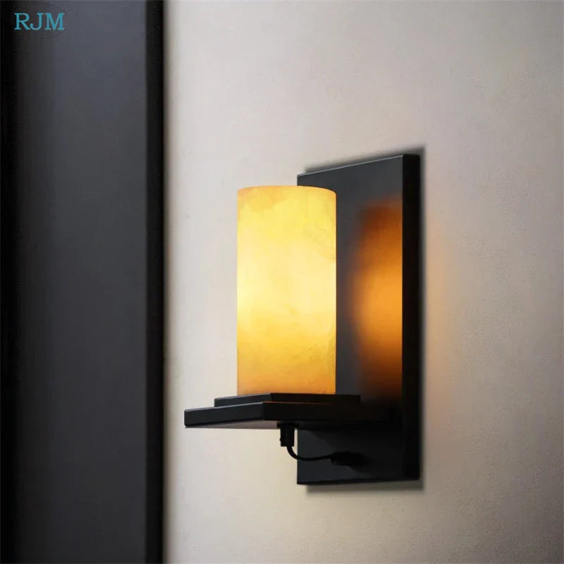 Marble Wall Lamp: European Industrial Style Vintage Iron Stone LED Light for Home Decor