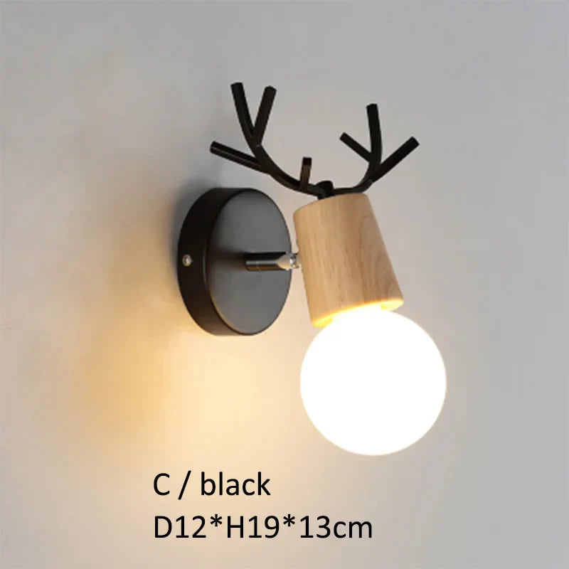 Modern Deer Antlers LED Wall Light Black White Solid Wood Novelty Animal Wall Lamp