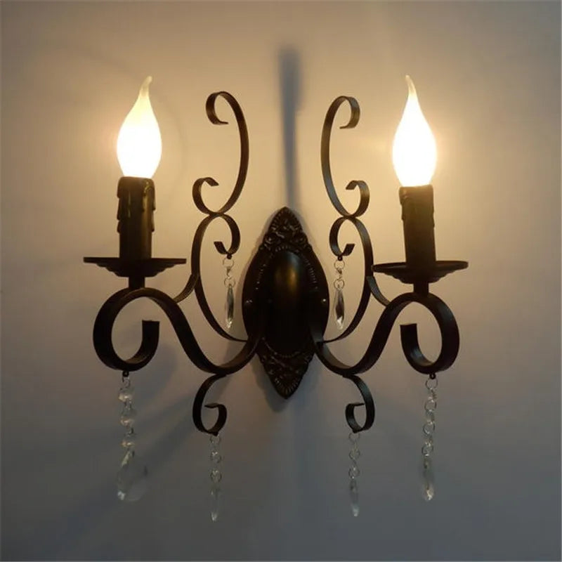 Black Wrought Iron Crystal Candle Wall Lamp