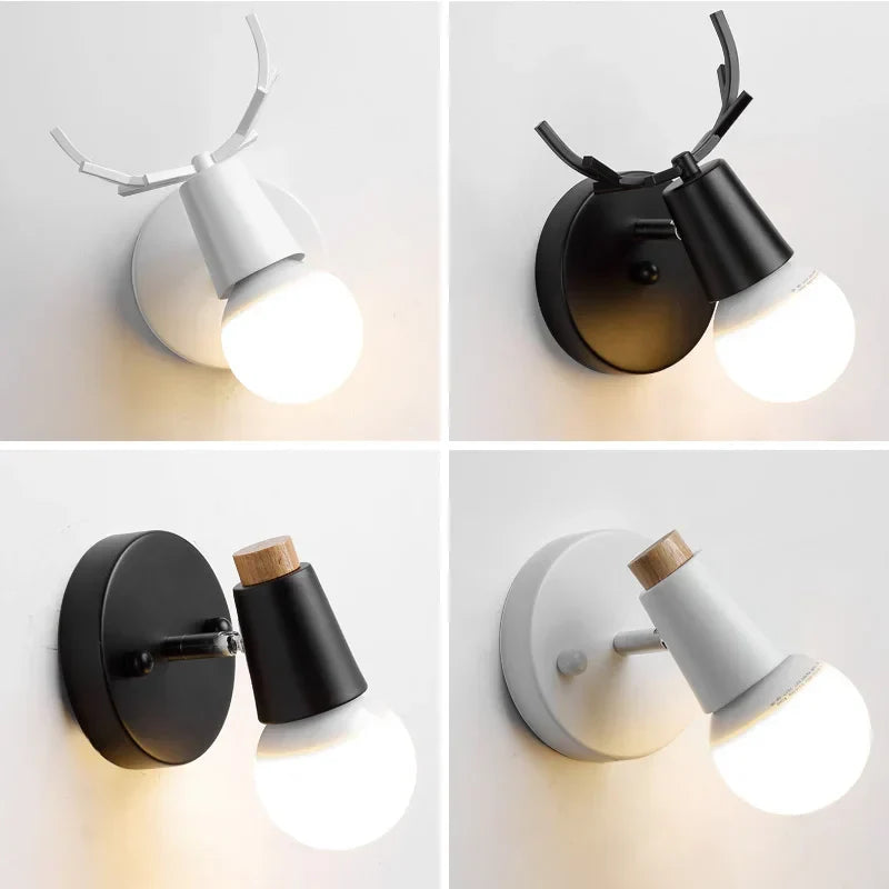 Modern Deer Antlers LED Wall Light Black White Solid Wood Novelty Animal Wall Lamp