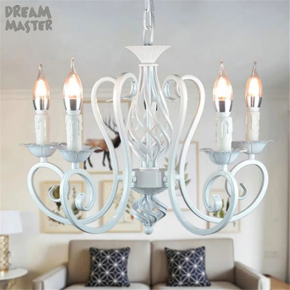 White Nordic Chandelier Wrought Iron Lustre Lamp for Living Room Bedroom Lighting