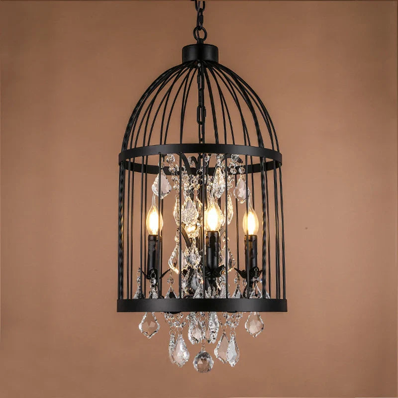 Retro Vintage Crystal Chandelier Wrought Iron Cage Lighting E14 220V Lamp