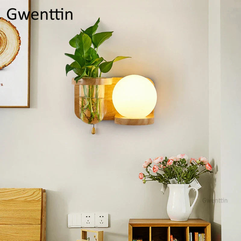 Nordic Wood Glass Wall Lamp LED DIY Plant Sconce Modern Luminaire